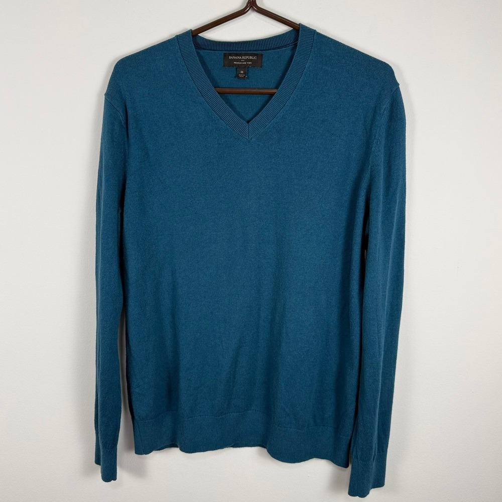Banana Republic Mens Teal Blue V-Neck Sweater Cotton Silk Cashmere Blend Size M